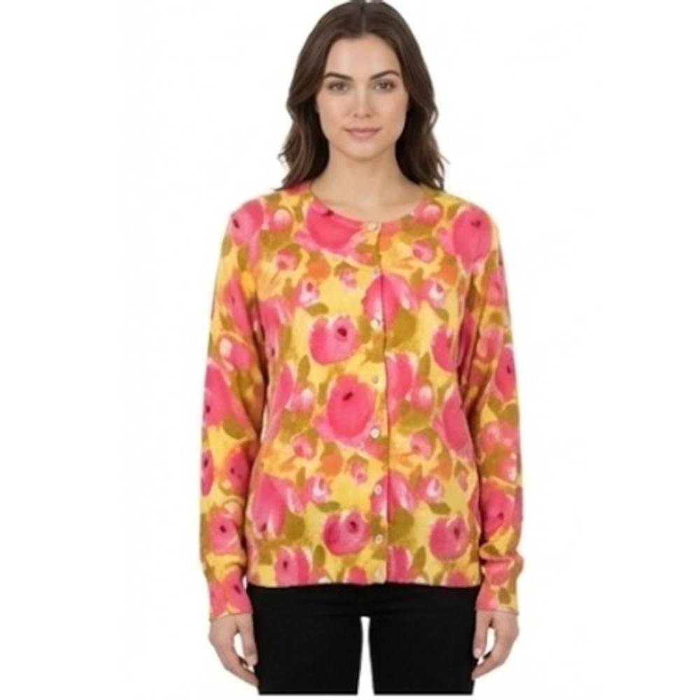 Lands' End Sweater Womens‎ Large Pink Yellow Floral Knit Button Front Cardigan